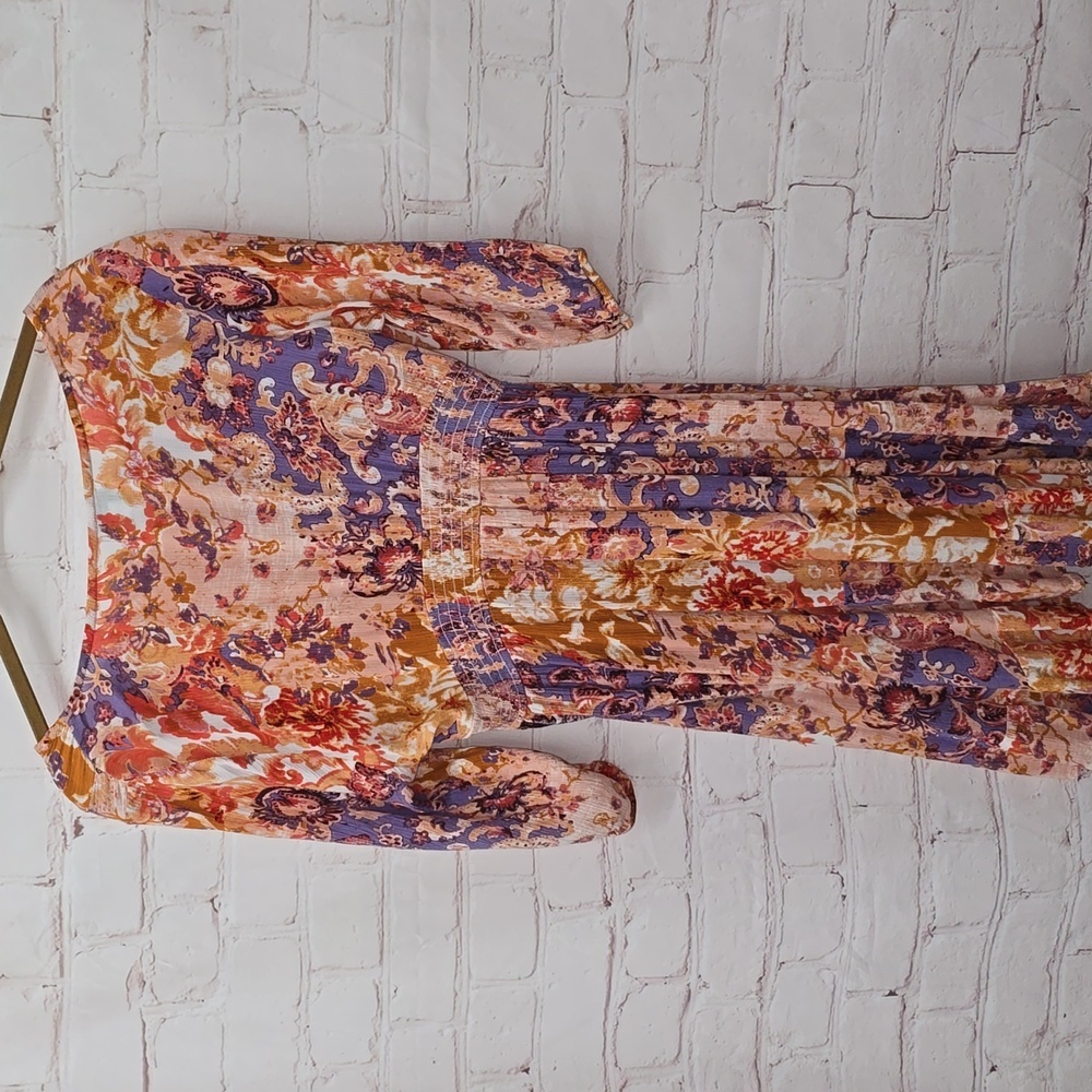 Myra Bag V-Neck A-Line Orange Purple Floral Elastic Waist Dress Womens Size L - Picture 9 of 16